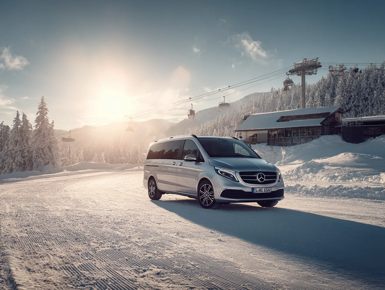 Van Mercedes Classe V avec chauffeur au pied des pistes, devant une remontée mécanique